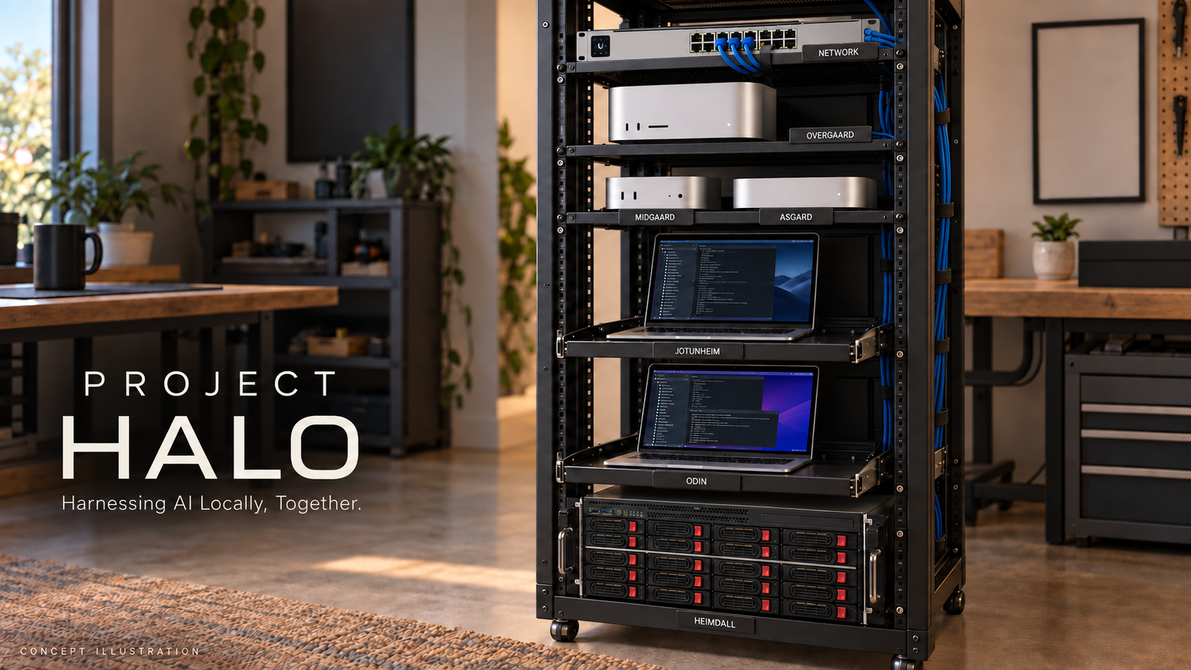 Concept illustration of the six fleet computers together in a rack with Ubiquiti networking