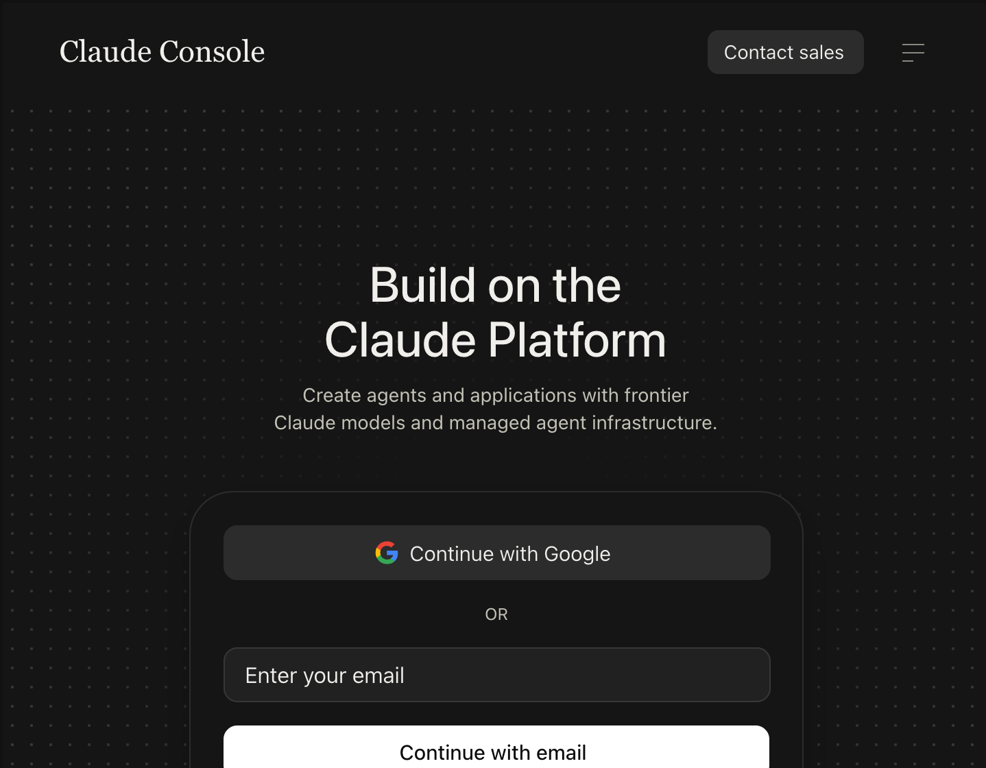 The Claude Console sign-in screen at platform.claude.com, with Continue with Google and Continue with email options.