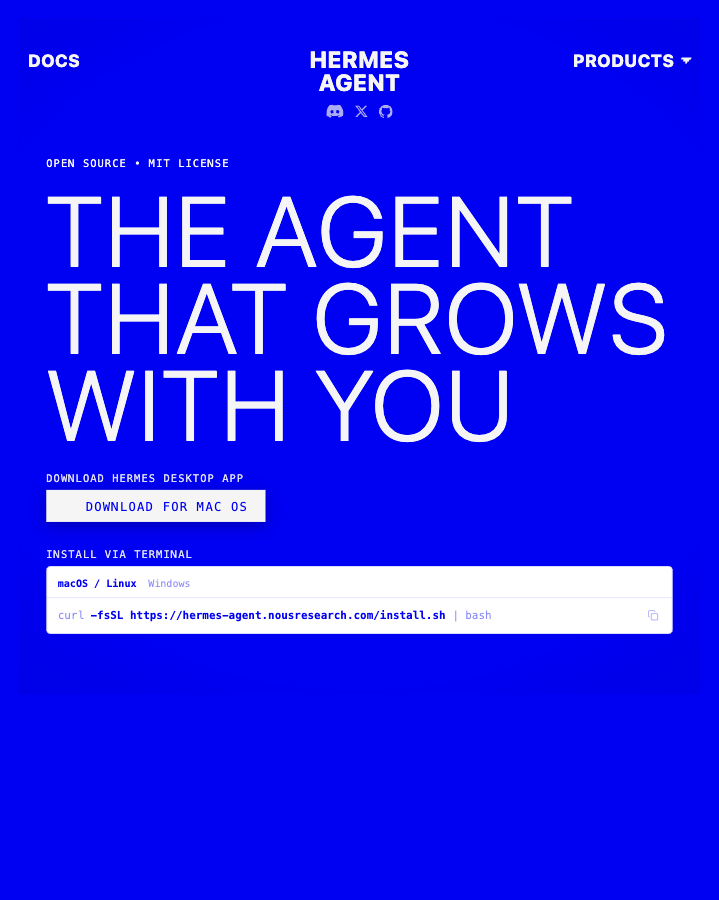 The Hermes Agent site, showing the Download for Mac OS button and the terminal install command.