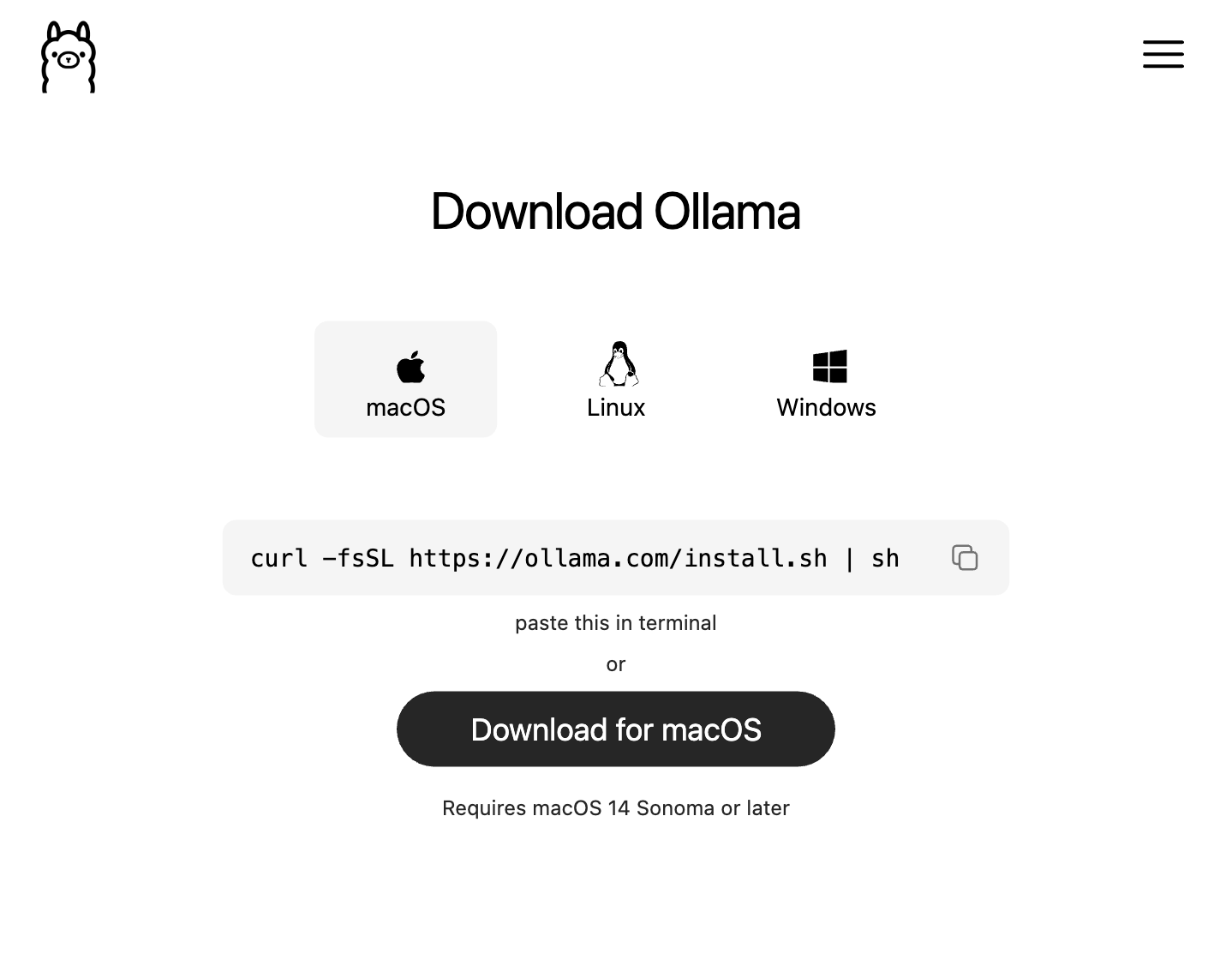 The Ollama download page with the macOS tab selected, showing the Download for macOS button and terminal install command.