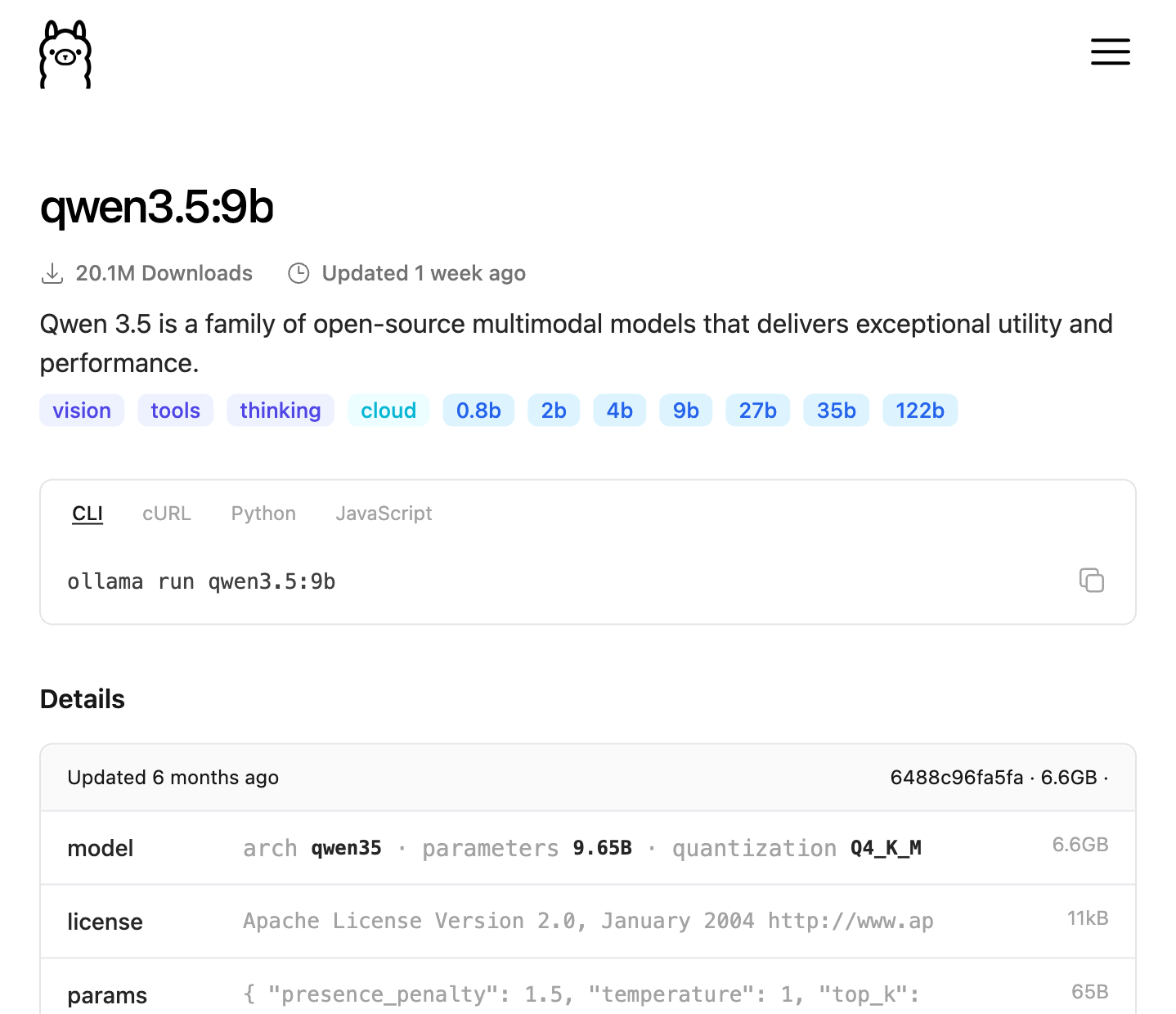 The qwen3.5:9b listing on ollama.com, showing 9.65B parameters, Q4_K_M quantization, and a 6.6GB download size.